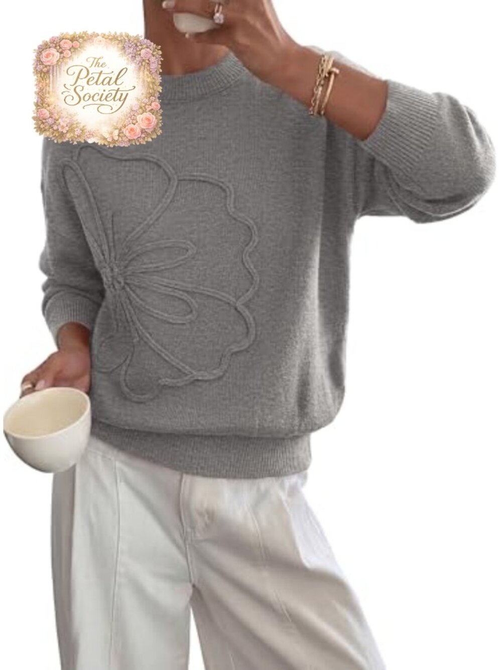 Womens Long Sleeve Knit Sweater Floral Pullover Crewneck Top